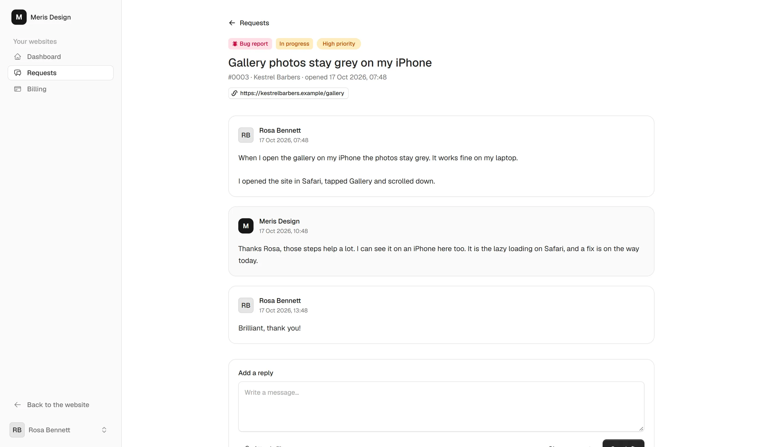 A bug report conversation in the client dashboard, with the status, priority and replies from the studio
