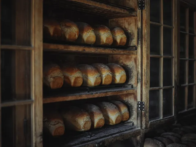 Loaves of bread on wooden shelves